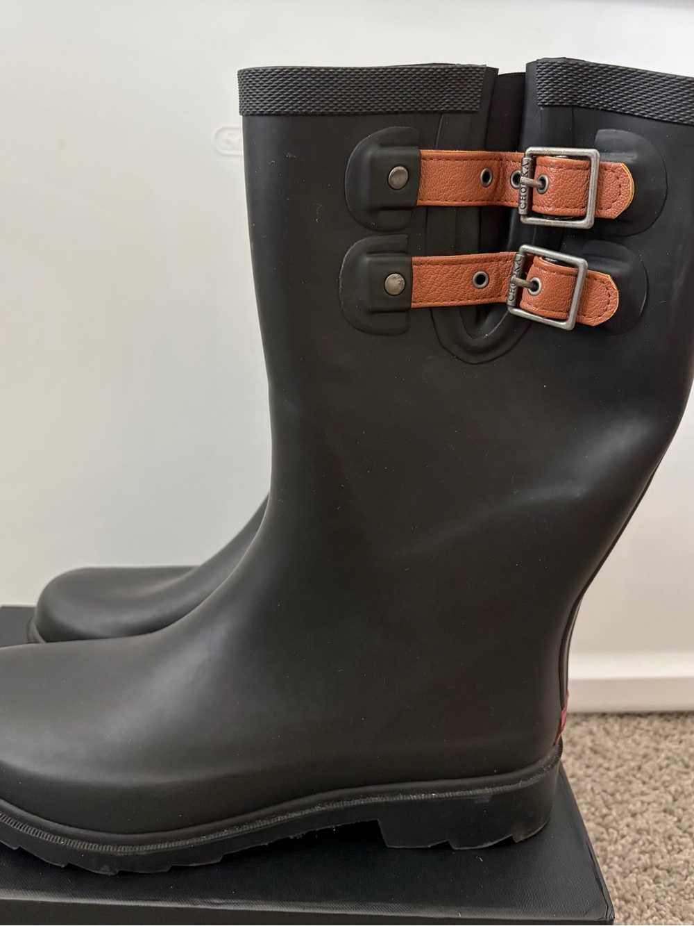 Chooka Black Rain Boots with Brown Buckle Straps